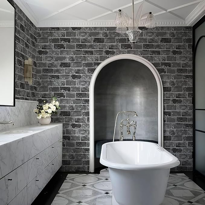 JiffDiff Brick Wallpaper Peel and Stick, Removable Vintage Self Adhesive Wallpaper Renter Friendly Textured Stick on Wallpaper Contact Paper （17.3" x 400" Black Brick）
