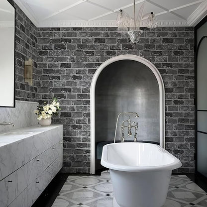 JiffDiff Brick Wallpaper Peel and Stick, Removable Vintage Self Adhesive Wallpaper Renter Friendly Textured Stick on Wallpaper Contact Paper （17.3" x 400" Black Brick）