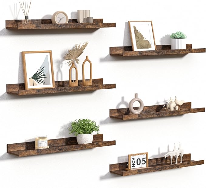 upsimples Floating Shelves for Wall, 23.6 Inch Shelves for Decor Storage Set of 6, Wall Mounted Wood Shelf for Bedroom, Living Room, Bathroom, Kitchen, Long Picture Ledge Shelves, Brown