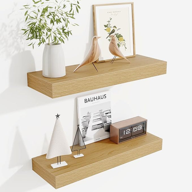 Fun Memories Floating Shelves Bathroom for Wall Mounted Shelves, 20 Inch Wood Shelf Set of 2, Home Storage & Display Decor, Oak