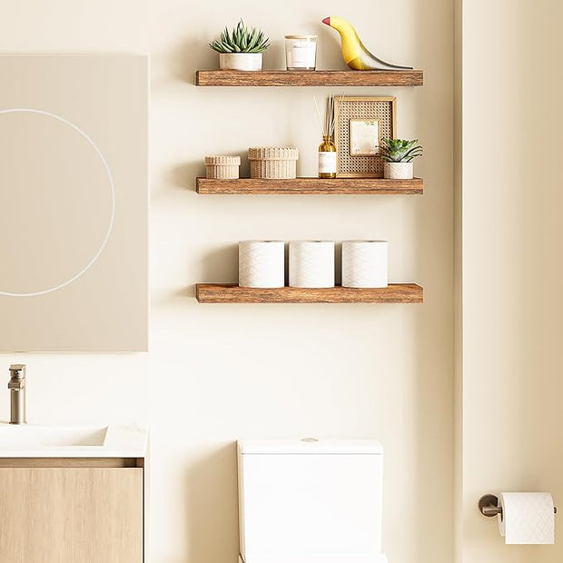 Ballucci Floating Shelves for Wall, 24" Wood Shelf Set of 3, Invisible Brackets Floating Shelf for Wall Decor Living Room, Bathroom, Bedroom, Kitchen, 6" Depth, Rustic Brown