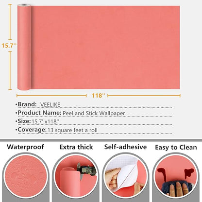 VEELIKE 15.7''x118'' Salmon Pink Wallpaper Removable Thick Pink Contact Paper Peel and Stick for Walls Cabinets Shelves Self Adhesive Vinyl Wall Coverings for Girl's Bedroom Living Room Furniture