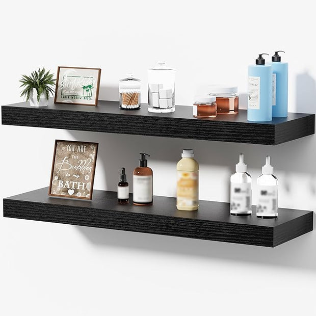 Floating Shelves for Wall, Bathroom Shelves Over Toilet, Wall Shelves & Book Shelf for Room, Hanging Shelf, Modern Wooden Mounted Floating Shelves, 24x7x1.5 in (Black, Set of 2)