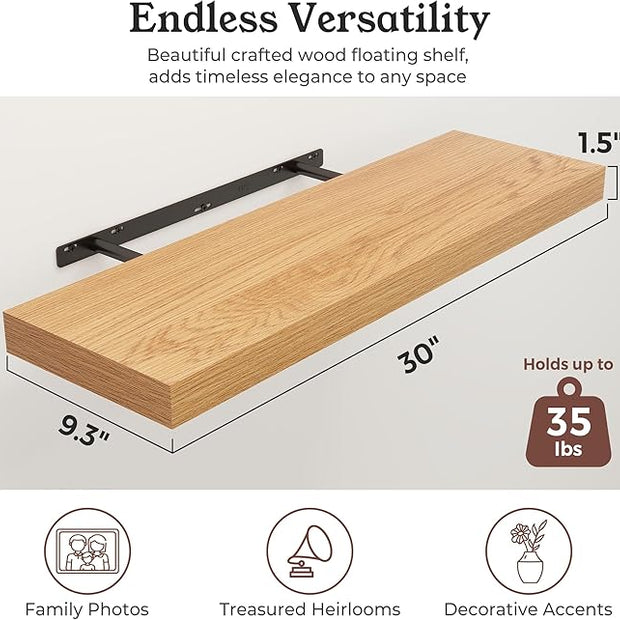 Floating Shelves for Wall, 9.3" Deep Wall Mounted Wood Shelves for Bathroom, Bedroom, Living Room, Kitchen, Hanging Shelf for Books/Storage/Room Decor (Oak, 30")