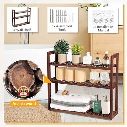 Wood Bathroom Shelf, 3-Tier Adjustable Shoes Rack&Plants Rack, Wall-Mounted or Stand for Living Room (Walnut)