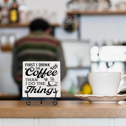 Coffee Bar Decor, Farmhouse Kitchen Table Decor, Coffee Station Accessories, Wooden Decorative Sign with Iron Stand for Table Desk Shelf Display-E20