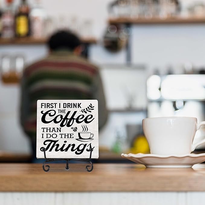 Coffee Bar Decor, Farmhouse Kitchen Table Decor, Coffee Station Accessories, Wooden Decorative Sign with Iron Stand for Table Desk Shelf Display-E20
