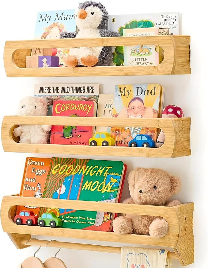 Nursery Book Shelves, Premium Bamboo Wood, Fully Assembled - Nursery Decor, Book Shelf for Kids Rooms, Multi-Use Floating Shelves for Wall with Hanger Bar, Set of 3 (Natural, 23 Inches)
