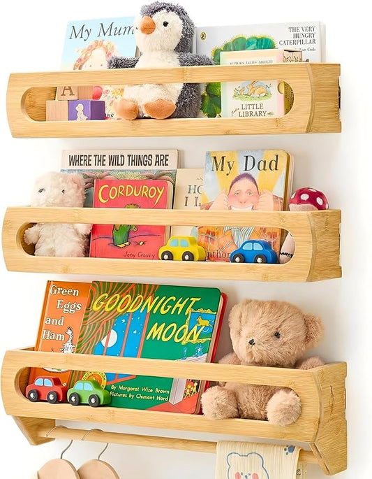 Nursery Book Shelves, Premium Bamboo Wood, Fully Assembled - Nursery Decor, Book Shelf for Kids Rooms, Multi-Use Floating Shelves for Wall with Hanger Bar, Set of 3 (Natural, 23 Inches)