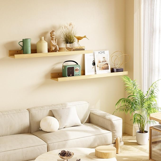 24 Inch Bamboo Floating Shelves - Picture Ledge Shelf with Lip Set of 2, Hanging Bamboo Wall Shelf for Storage, Natural Wood Floating Shelves for Living Room, Bedroom, Kitchen