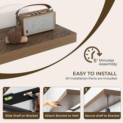 RICHFOCUS 24Inch Floating Shelves for Wall 2 Pack Shelves for Bedroom|Kitchen|Bathroom Wall Mounted Rustic Wood Floating Shelf with Invisible Brackets for Books|Storage|Decor, Walnut