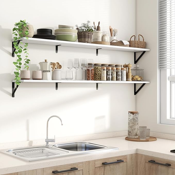 Axeman 55 Inch Floating Shelves | 8 Inch Deep White Wall Shelves Set of 2 | 55