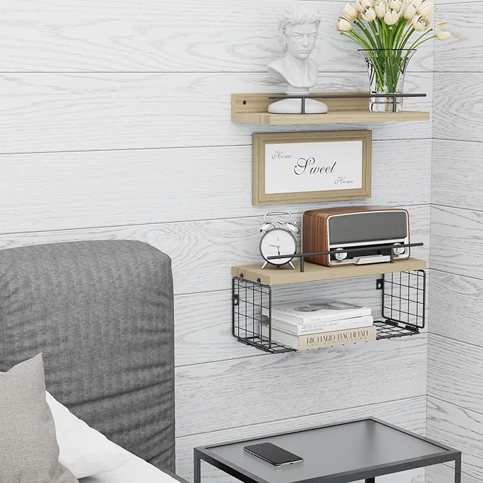 Floating Shelves with Sweet Home Sweet Wall Decor Sign， Wall Shelves for Bathroom/Living Room/Kitchen/Bedroom, (Black-Natural-Black) Floating Bathroom Shelves