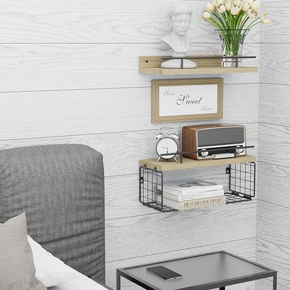 Floating Shelves with Sweet Home Sweet Wall Decor Sign， Wall Shelves for Bathroom/Living Room/Kitchen/Bedroom, (Black-Natural-Black) Floating Bathroom Shelves