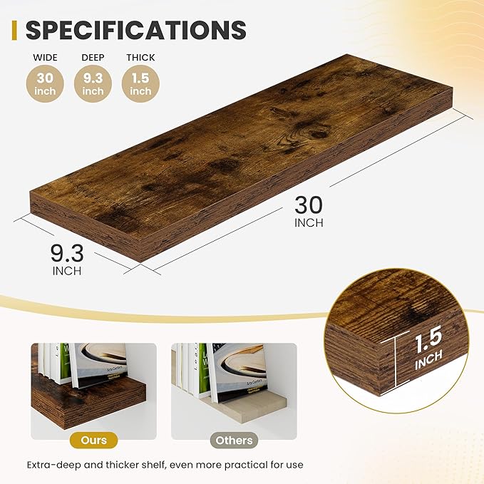 30 Inch Floating Shelves, 9.3" Deep Floating Shelf Wall Mounted, 30" Wall Shelves, Rustic Deep Bookshelf, Large Display Shelves & Storage Shelves for Bedroom, Living Room, Brown, Set of 2
