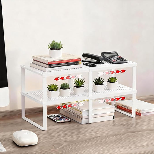 2 Pack Expandable Cabinet Shelves Organizer Width 11'' Stackable Kitchen Counter Storage Shelves,Adjustable Width Pantry Shelf Spice Rack