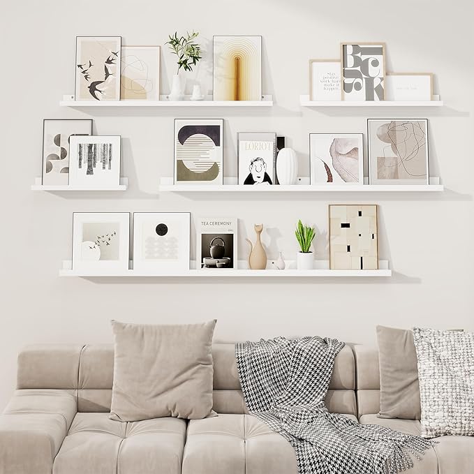 RICHFOCUS Picture Ledge Shelf, 24 inch Floating Shelves Set of 2, Wood Wall Shelves with Lip, Wall Decor Storage for Bedroom Living Room Bathroom Kitchen Nursery Photo Picture, White