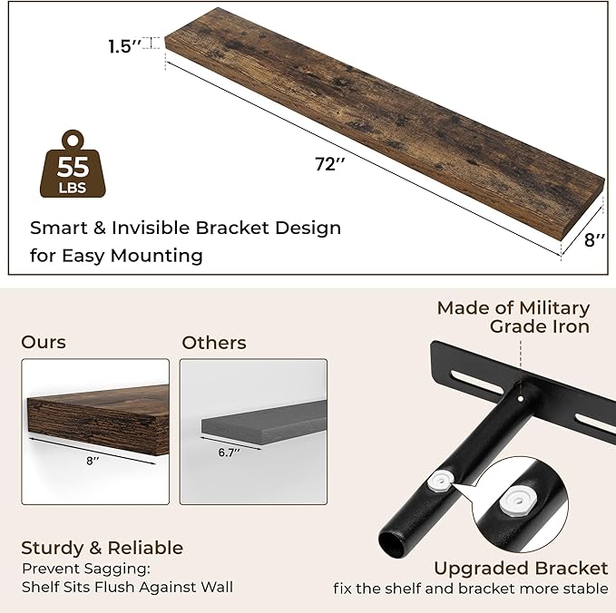 RICHFOCUS 72Inch Floating Shelves for Wall 2 Pack Shelves for Bedroom|Kitchen|Bathroom Wall Mounted Rustic Wood Floating Shelf with Invisible Brackets for Books|Storage|Decor, Rustic Brown