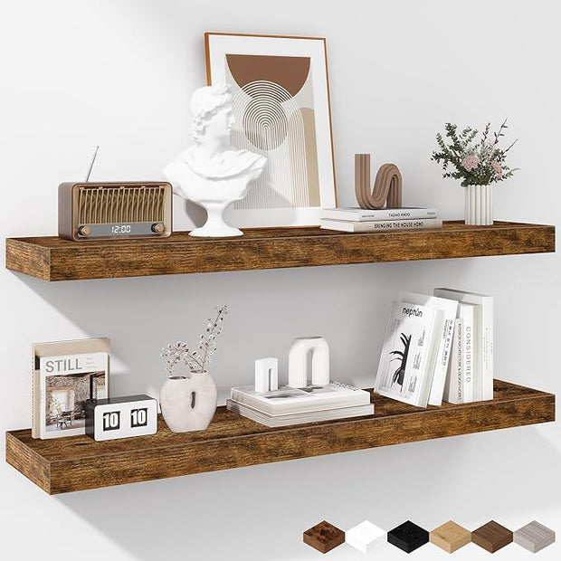 Fun Memories 36 Inch Floating Shelves - Deep Rustic Wooden Wall Shelves - Extra Deeper & Thicker Wall Mounted Storage Shelf for Bedroom, Kitchen, Farmhouse - 2 Pack, Rustic Brown