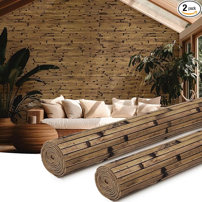 Juexica 2 Pcs Natural Bamboo Wall Panel for Interior Wall 48''x96'' Bamboo Covering Renewable Pole Wainscoting Room Divider Wrap Decor for Bedroom Living Room Kitchen Island Office (Dark Burned)