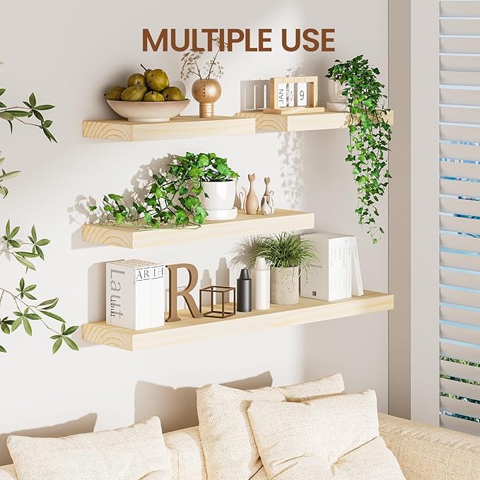 Heimlove 16 Inch Floating Shelves for Wall Solid Wood Shelves Set of 2,Wall Mounted Rustic Wood 8 Inch Deep Floating Shelf with Invisible Brackets for Bedroom Kitchen Living Room