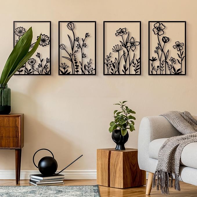 Sokurdeg Black Metal Flowers Wall Decor, Minimalist Floral Wall Hanging Art, Black Abstract Line Wall Art Sculptures for Bedroom Bathroom Living Room (4 Pcs, 12 x 17 in)