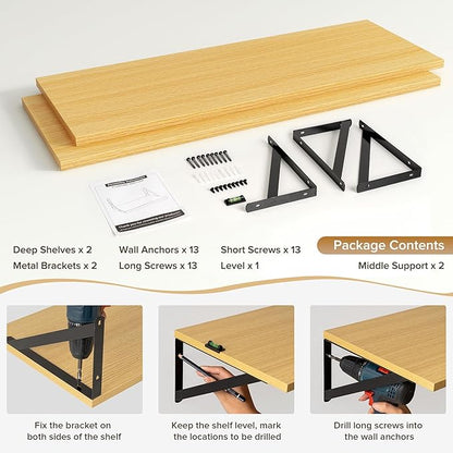 Deep Floating Shelves Wall Mounted, 36"x12" Oak Wall Shelves with Brackets Set of 2 for Bedroom, Living Room, Bathroom, Kitchen, Office - Storage & Display Shelf for Decor, Books, Plants