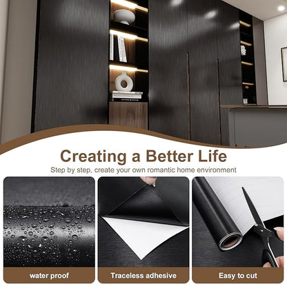 Stainless Steel Peel and Stick Wallpaper 15.7"x 196" Black Stainless Steel Contact Paper Countertop Self Adhesive Thick Vinyl Waterproof for Wall Paper Fridge Kitchen Cabinets