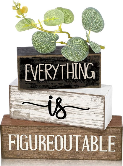 4 Pcs Inspirational Farmhouse Table Decor Everything Is Figureoutable Stacked Wooden Block Signs with Inspirational Quote Eucalyptus Leaves for Home, Living Room, Shelf Housewarming Gift