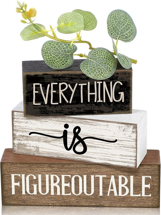 4 Pcs Inspirational Farmhouse Table Decor Everything Is Figureoutable Stacked Wooden Block Signs with Inspirational Quote Eucalyptus Leaves for Home, Living Room, Shelf Housewarming Gift