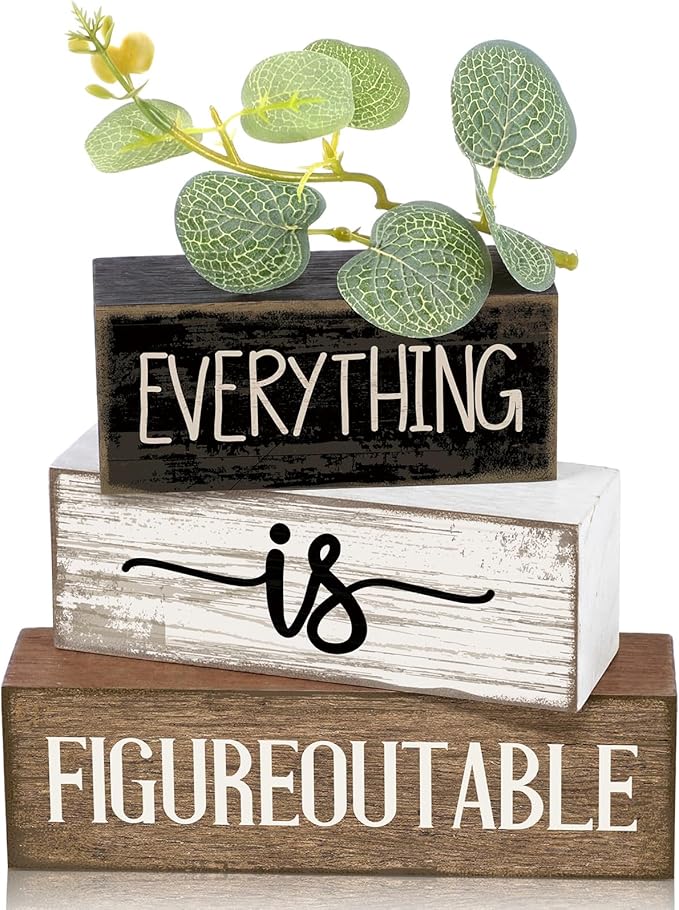 4 Pcs Inspirational Farmhouse Table Decor Everything Is Figureoutable Stacked Wooden Block Signs with Inspirational Quote Eucalyptus Leaves for Home, Living Room, Shelf Housewarming Gift
