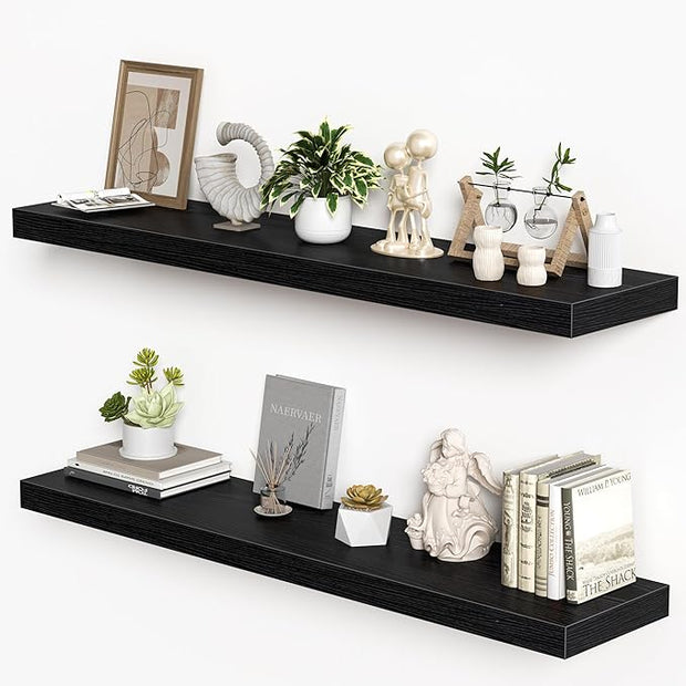 Floating Shelves for Wall, 48"W x 9.3"D x 1.5"H, Long Wooden Wall Mounted Display Shelves with Invisible Brackets for Living Room, Bedroom, Bathroom, Kitchen Decor and Storage, Set of 2, Black