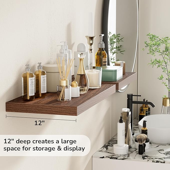 Fun Memories Floating Shelves - 2 Pack 12 Inch Deep Rustic Wooden Wall Shelves - Extra Deeper & Thicker Wall Mounted Storage Shelf for Living Room, Kitchen, Farmhouse - 24