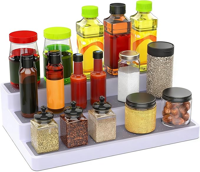 YAN & HIN 3-Tier Spice Rack Organizer for Cabinet, 3 Pack Expandable Shelf Organizer with Non-Slip Surface, Kitchen Cabinet & Pantry Storage for Spices, Cans & Bottles