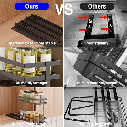 Pull Out Spice Rack Organizer for Cabinet, 2 Tier Metal Slide Out Seasoning Organizer and Storage Heavy Duty Vertical Spice Rack Shelf Pullout for Kitchen Cabinets No Drilling(1 Pack, Black)