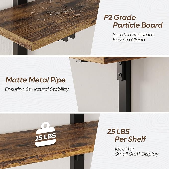 Bestier Floating Shelves for Wall, 24 inch Kitchen Shelves Wall Mounted, 3 Tier Coffee Bar Shelf with Foldable Brackets, Industrial Display Shelf for Bathroom, Living Room, Rustic Brown