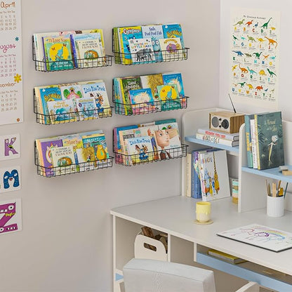 X-cosrack Floating Book Shelves for Wall Kids Bookshelf,Metal Hanging Wall Mounted Shelf for Nursery Toddler, Kids Room, Classroom,Set of 6,Black,2 Sizes