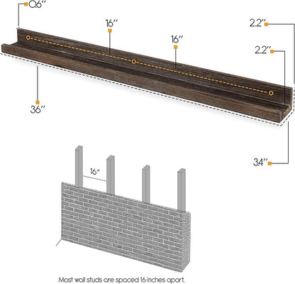 Rustic State Ted 36" Wall Mount Narrow Wood Picture Ledge Shelf Photo Frame Display - Floating Shelves for Living Room Office Kitchen Bedroom Bathroom Décor - Torched Brown - Set of 2