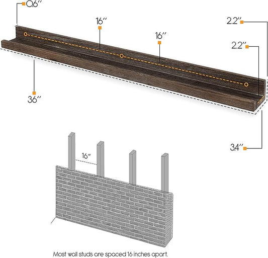 Rustic State Ted 36" Wall Mount Narrow Wood Picture Ledge Shelf Photo Frame Display - Floating Shelves for Living Room Office Kitchen Bedroom Bathroom Décor - Torched Brown - Set of 2