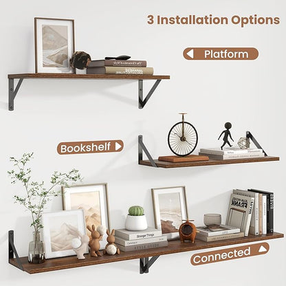 Axeman 24 Inch Floating Shelves | 8 Inch Deep Walnut Wall Shelves Set of 2 | 24W x 8D Rustic Wood Shelves for Bookshelf Living Room Bedroom Home Office Bathroom
