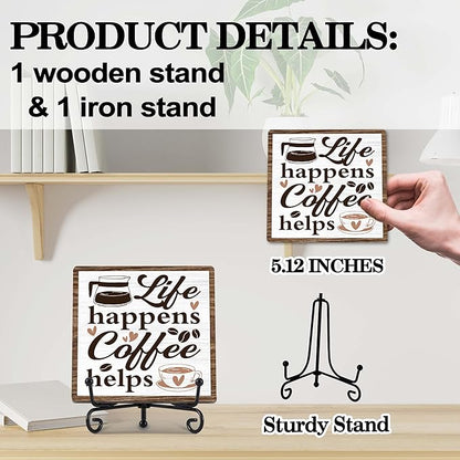 Coffee Bar Decor, Farmhouse Kitchen Table Decor, Coffee Station Accessories, Wooden Decorative Sign with Iron Stand for Table Desk Shelf Display-E24