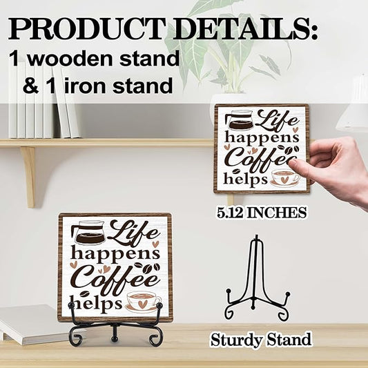 Coffee Bar Decor, Farmhouse Kitchen Table Decor, Coffee Station Accessories, Wooden Decorative Sign with Iron Stand for Table Desk Shelf Display-E24