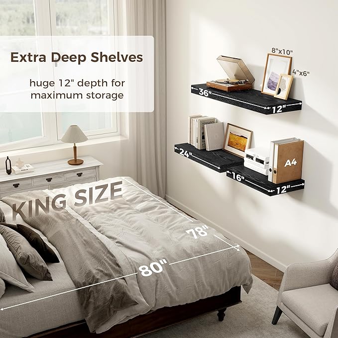 Black Floating Shelves 36 Inch Long, 12 Inch Deep Floating Shelves for Wall, 36 x 12 Shelves for Wall Storage & Display, 2