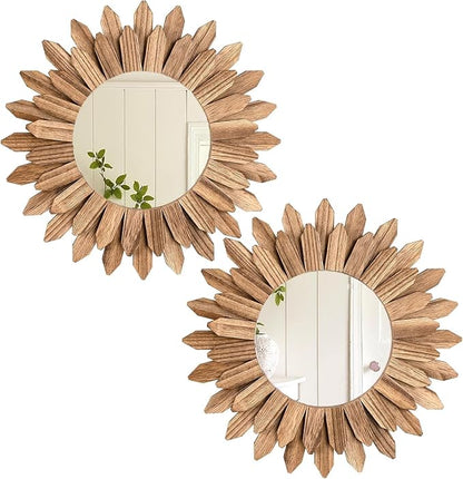 LOSOUR 2 Pack Boho Wall Decor Sunburst Mirror 12 inch Rustic Round Wood Mirror Boho Mirror Farmhouse Wall Decor for Bedroom Living Room Entryway