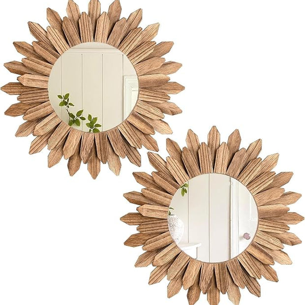 LOSOUR 2 Pack Boho Wall Decor Sunburst Mirror 12 inch Rustic Round Wood Mirror Boho Mirror Farmhouse Wall Decor for Bedroom Living Room Entryway