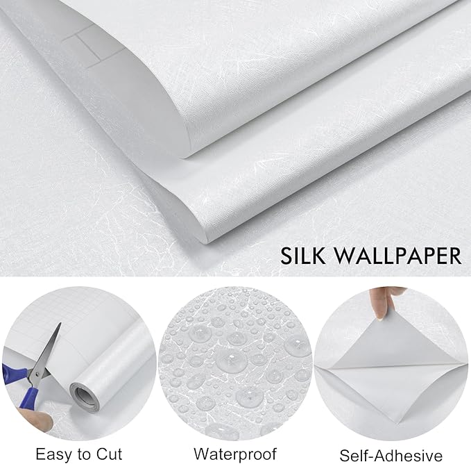 White Silk Wallpaper Embossed Peel and Stick Wallpaper A Set of 17.7 inch X 300 inch Textured Self-Adhesive Removable Contact Paper Waterproof Vinyl Roll for Bedroom Cabinet Furniture