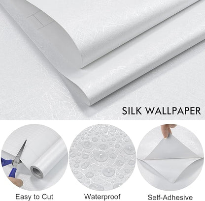 White Silk Wallpaper Embossed Peel and Stick Wallpaper A Set of 17.7 inch X 300 inch Textured Self-Adhesive Removable Contact Paper Waterproof Vinyl Roll for Bedroom Cabinet Furniture