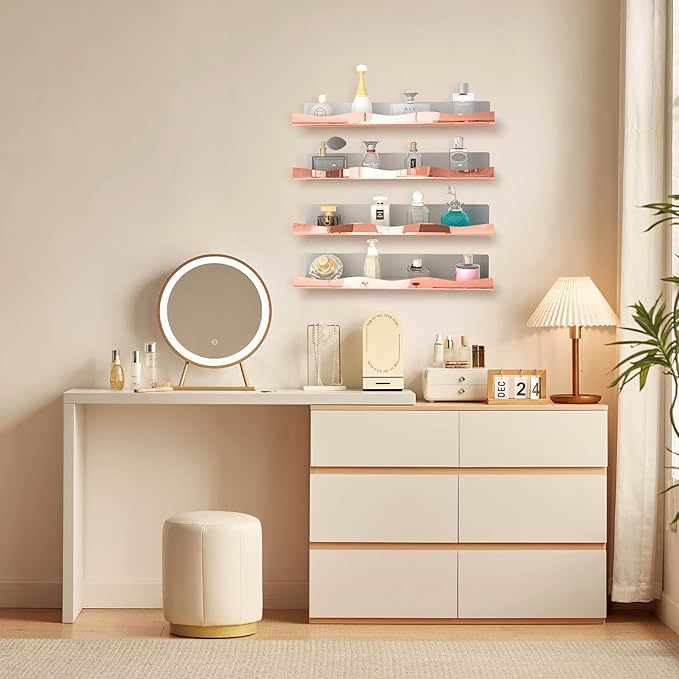 YMVV 15.7 in Large Rose Golden Reflective Acrylic Mounted Floating Shelf, Perfume Organizer Shelf, Modern Bathroom Storage Toy Display Organizer Decor 4 Pack