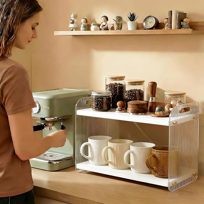 2 Tier Coffee Station Organizer - Acrylic & Pine Wood coffee bar shelf, Easy-to-Clean matcha station for Kitchen Countertops, for Placing Mugs, Coffee Beans, Syrup etc.(15.75