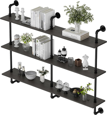 3-Tier Industrial Pipe Floating Shelf – Rustic 60 inch Wood Wall-Mounted Storage Shelf for Kitchen Office,Bathroom & Home Decor -Black